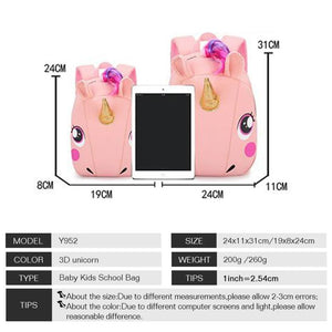 Unicorn Toddler School Bag for Kids Anti-lost Kindergarten Cartoon 3D Unicorn