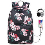 Waterproof Floral School Backpack Girls Bookbag with USB Charging Port