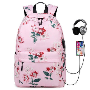 Waterproof Floral School Backpack Girls Bookbag with USB Charging Port