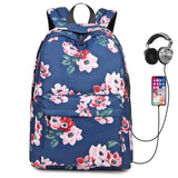 Waterproof Floral School Backpack Girls Bookbag with USB Charging Port