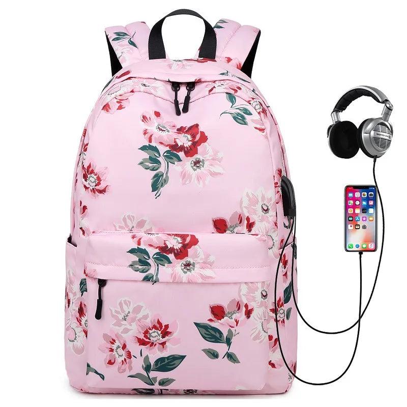 Waterproof Floral School Backpack Girls Bookbag with USB Charging Port