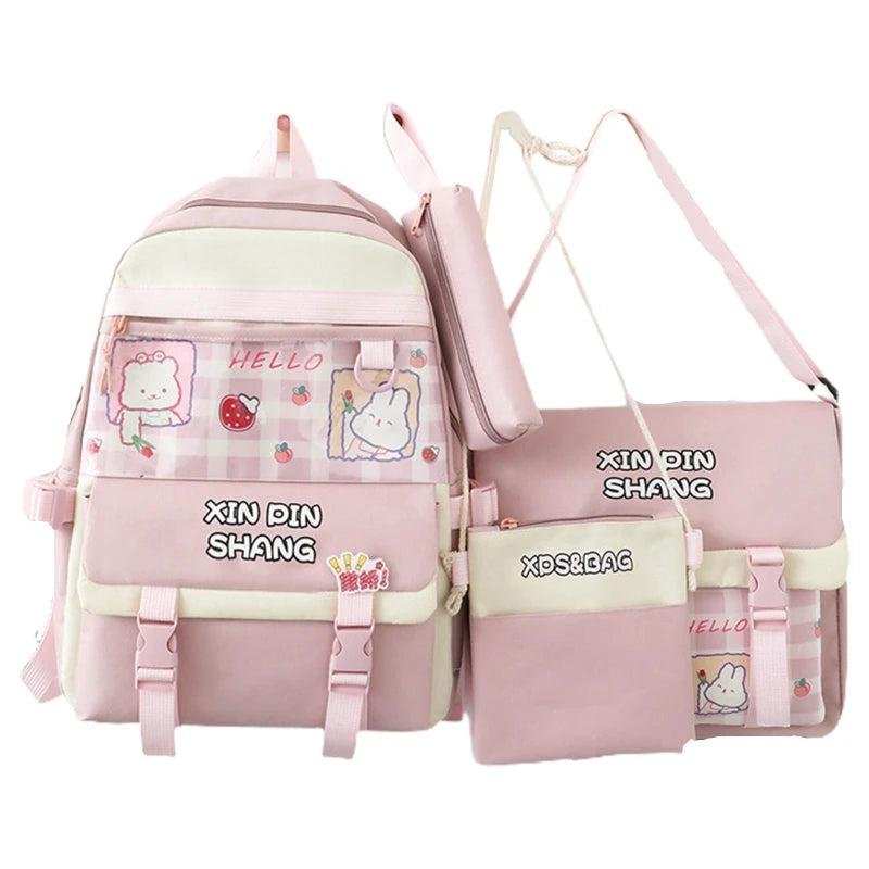 4Pcs Waterproof Nylon Backpack Girl School Bag Lovely Pendant Pin Mini Backpack