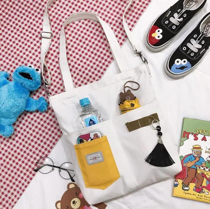 NONSAR Canvas Tote Bag with Tassel Student Tutoring Shoulder School Bag