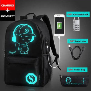 Luminous School Backpack Oxford Cartoon School Bag with USB Cable and Lock