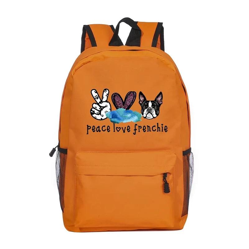Peace Love Bulldog Print Canvas School Bags for Teenage Girl Female Children
