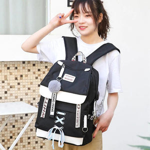 Canvas School Bags for Girls Teenagers Backpack Women Bookbag USB Charging