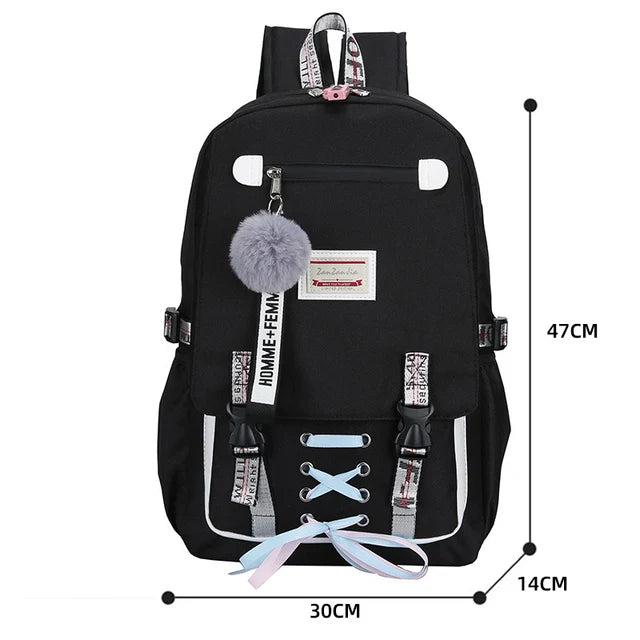 Canvas School Bags for Girls Teenagers Backpack Women Bookbag USB Charging