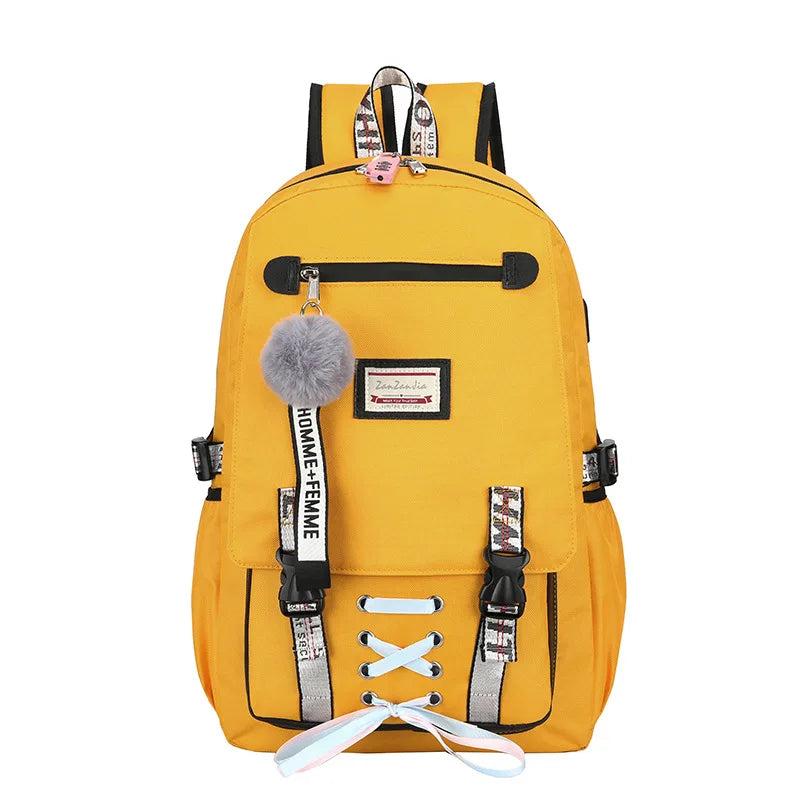Casual School Bag Girls Women Backpack USB Charging Schoolbag