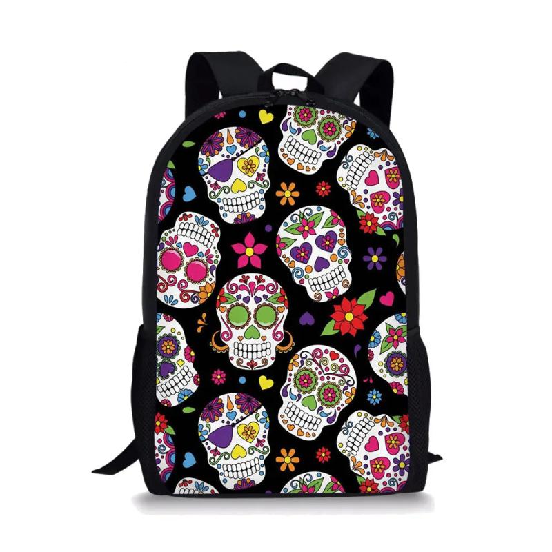 Skull Flower Pattern School Bags for Girls Fashionable Teenagers Backpacks