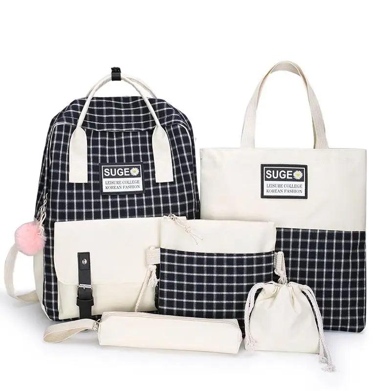 Girls School Bag Set, Canvas Backpack Book Bag, 5 Pcs Kids Shoulder Bag