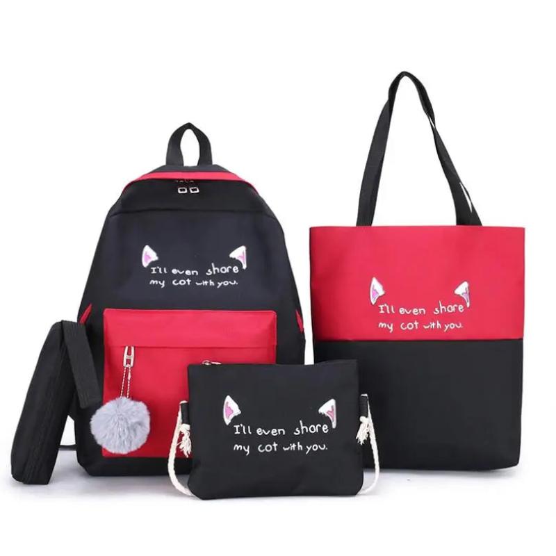 Canvas Student Backpack Junior High School Bag 4pcs Laptop Backpack