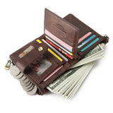 Men Short Wallet with Chain Strap RFID Block Real Cow Leather