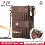 Men Short Wallet with Chain Strap RFID Block Real Cow Leather