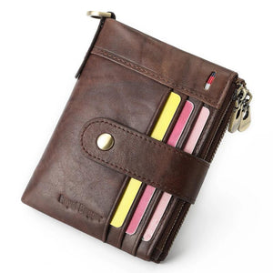 Men Short Wallet with Chain Strap RFID Block Real Cow Leather