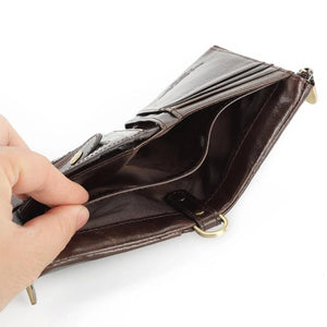 RFID Mens Short Wallet with Chain Strap Real Cow Leather Retro Engrave