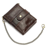 RFID Mens Short Wallet with Chain Strap Real Cow Leather Retro Engrave