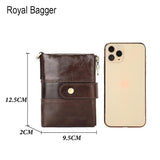 RFID Mens Short Wallet with Chain Strap Real Cow Leather Retro Engrave