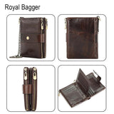 RFID Mens Short Wallet with Chain Strap Real Cow Leather Retro Engrave