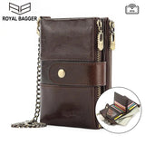 RFID Mens Short Wallet with Chain Strap Real Cow Leather Retro Engrave