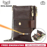 RFID Mens Short Wallet with Chain Strap Real Cow Leather Retro Engrave