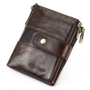 RFID Mens Short Wallet with Chain Strap Real Cow Leather Retro Engrave