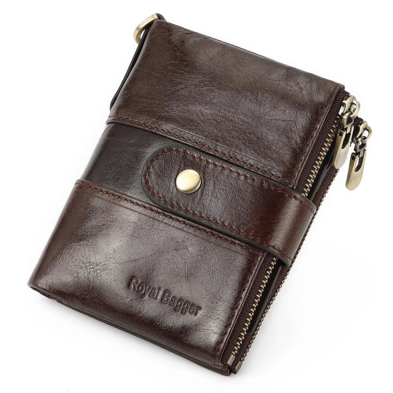 RFID Mens Short Wallet with Chain Strap Real Cow Leather Retro Engrave