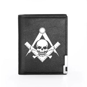 Masonic Skull Print Leather Men's Wallet Credit Card Holder