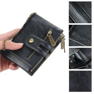 Men's Leather Short Wallet Multi-card Male Purse Zipper Pouch Retro Chain Money