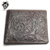 Vintage Cowhide Flower Wallet Men Leather Money Bag