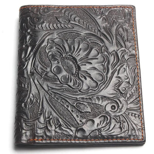 Vintage Cowhide Flower Wallet Men Leather Money Bag