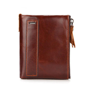 Men's Leather Wallet Double Zipper Coin Purse Short Oil Wax Leather Wallet
