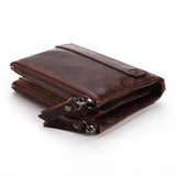 Men's Leather Wallet Double Zipper Coin Purse Short Oil Wax Leather Wallet