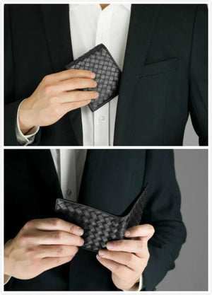 Men Wallets Knitting Cow Leather Short Clip Woven Wallet Business Male