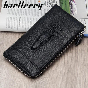 Men's Crocodile Pattern Zipper Long Wallet Cowhide Clutch