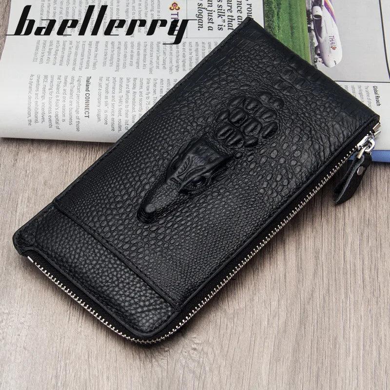 Men's Crocodile Pattern Zipper Long Wallet Cowhide Clutch