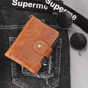 Men Short Wallets Trifold Zipper Coins Pocket Cowhide Leather Thin Wallet