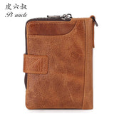 Men Short Wallets Trifold Zipper Coins Pocket Cowhide Leather Thin Wallet