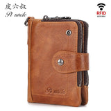 Men Short Wallets Trifold Zipper Coins Pocket Cowhide Leather Thin Wallet