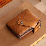 Double Zip Short Cowhide Leather Wallet Anti-Magnetic Change Bags