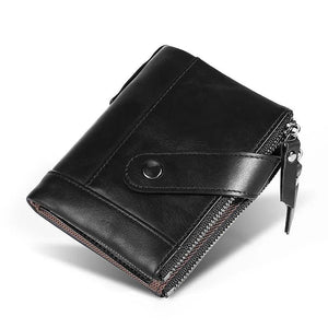 Double Zip Short Cowhide Leather Wallet Anti-Magnetic Change Bags