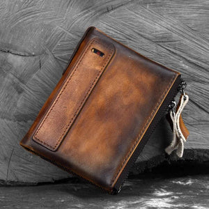 Vintage Cowhide Men Wallet Zipper Hasp Short Wallet