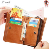 Cowhide Leather Men Short Wallets Trifold Wallet Zipper Coins Pocket