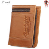 Cowhide Leather Men Short Wallets Trifold Wallet Zipper Coins Pocket