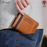 Cowhide Leather Men Short Wallets Trifold Wallet Zipper Coins Pocket