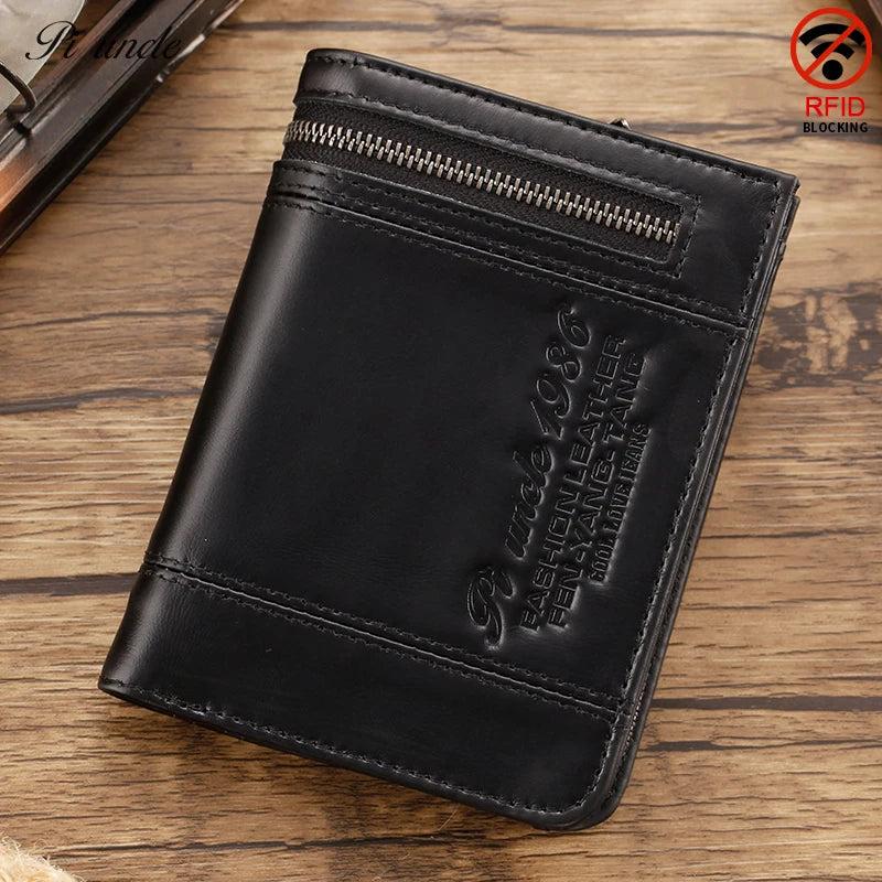 Cowhide Leather Men Short Wallets Trifold Wallet Zipper Coins Pocket