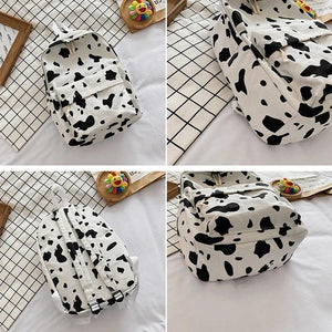 Cow Pattern Canvas Backpack Large Capacity Casual Schoolbag Spot Contrast