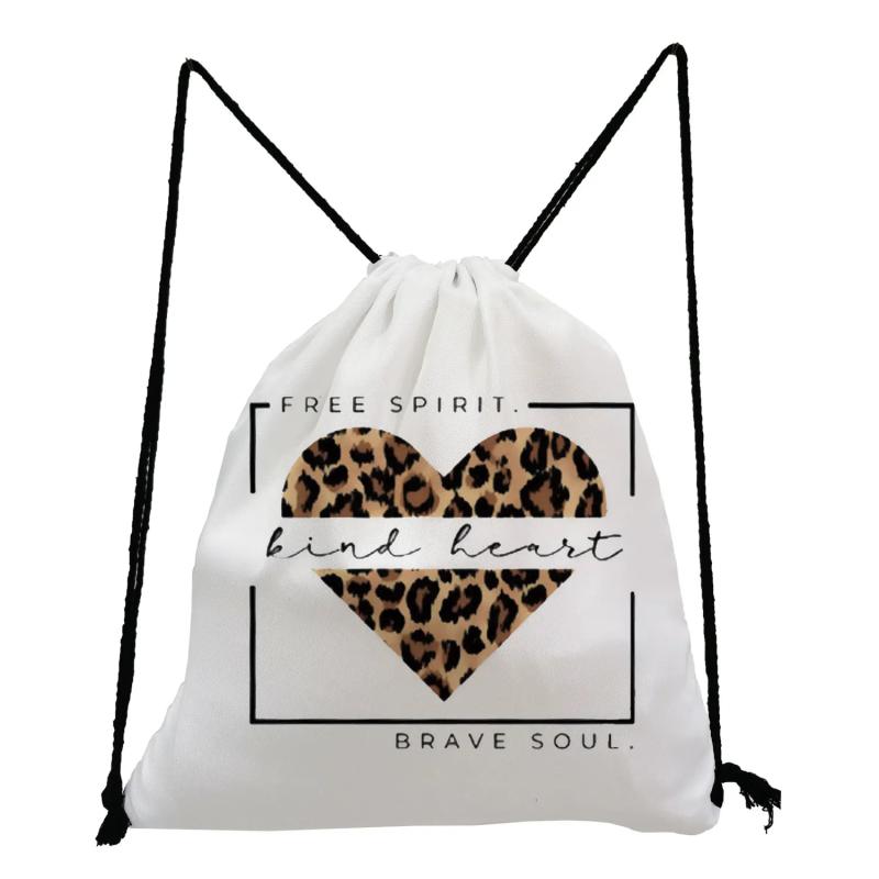 Leopard Print Backpack Drawstring Pocket School Book Bag
