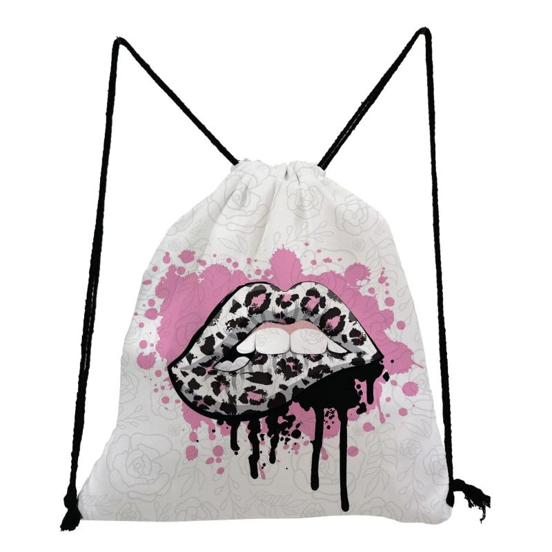 Leopard Lips Print Drawstring Backpack for Students Travel