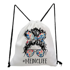 Portable Backpacks for Students Casual Hipster Lady Print Drawstring Pocket