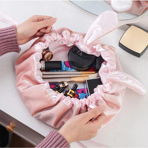 Round Velvet Soft Makeup Bag Drawstring Rabbit Ear Travel Make Up Organizer